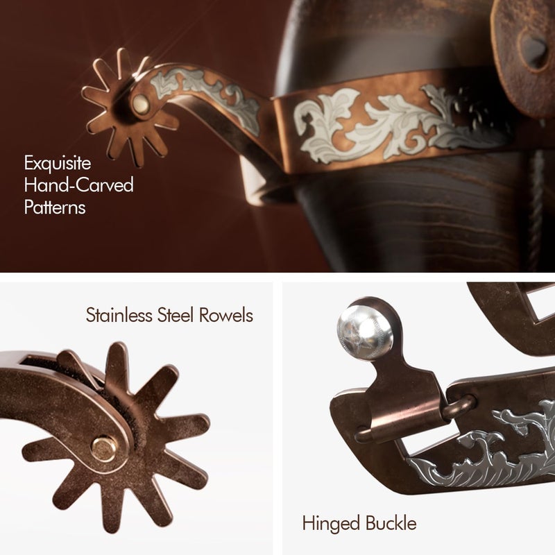 EQUSPUR Western Cowboy Spurs, 1 Pair Horse Spurs with Rowels, Antique Horse Boot Spurs with Hand-Carved Decoration for Adult Equestrian, Men Women - Image 4